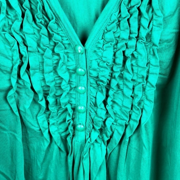 Lane Bryant Green Supima Cotton Pleated Ruffle Pullover V Neck Top - Picture 6 of 8